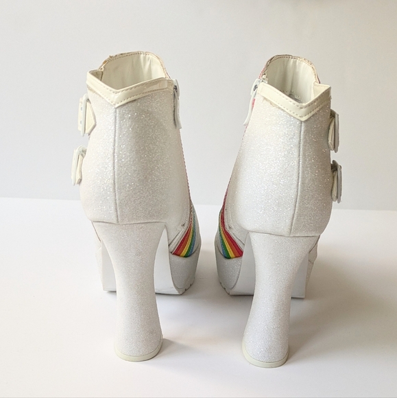 Ellie Rainbow White Glittered Chunky Heel Buckle and Zip Boot - Picture 4 of 8